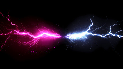 Abstract impact of radiant fuchsia and twilight silver glowing lightning sparks effects anime on plain black background. Twilight Radiance. Illustration