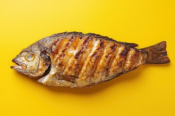 A Whole Cooked Fish Presented on a Vibrant Yellow Background