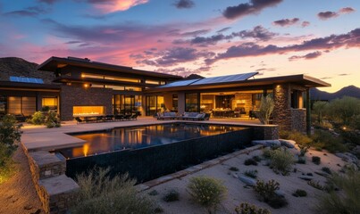 Obraz premium Modern Luxury Home with Solar Panels at Dusk