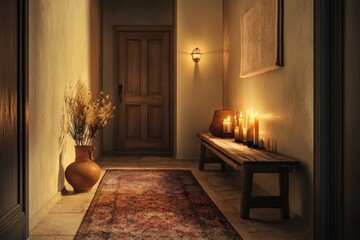 Cozy Hallway with Warm Lighting, Rustic Bench, Candles, and Decorative Rug for Home Interiors