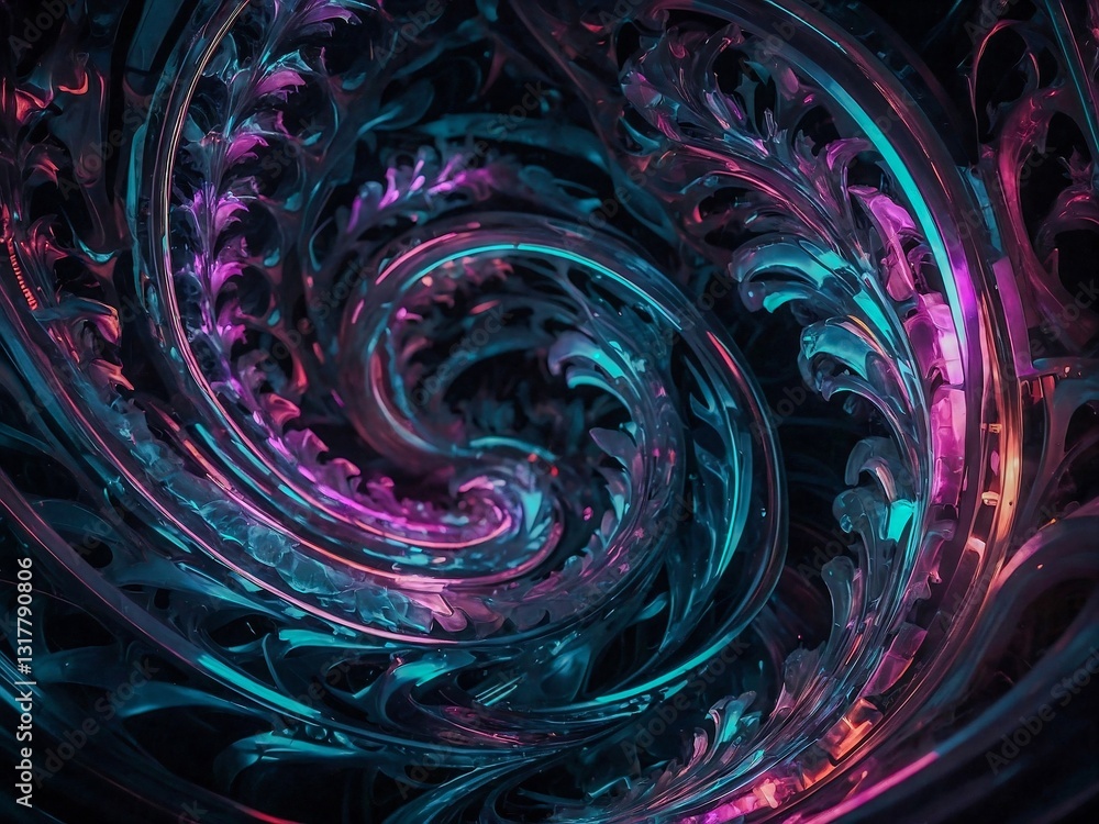 Poster abstract fractal with flowing neon lights in a futuristic style.