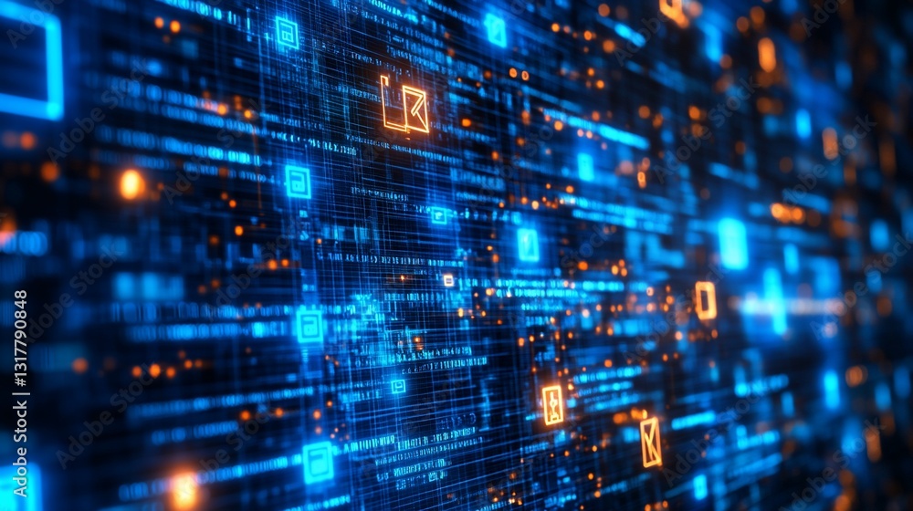 Poster abstract digital data stream visualization: futuristic network technology with glowing blue and oran