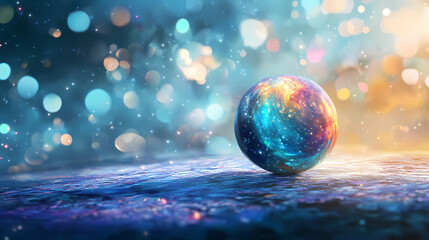 Colorful galactic sphere resting on a textured surface with sparkling highlights during twilight. Twilight Radiance. Illustration