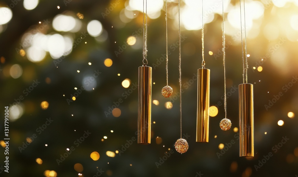 Poster closeup of golden wind chimes shimmering in sunlight with a dreamy background of sparkling particles
