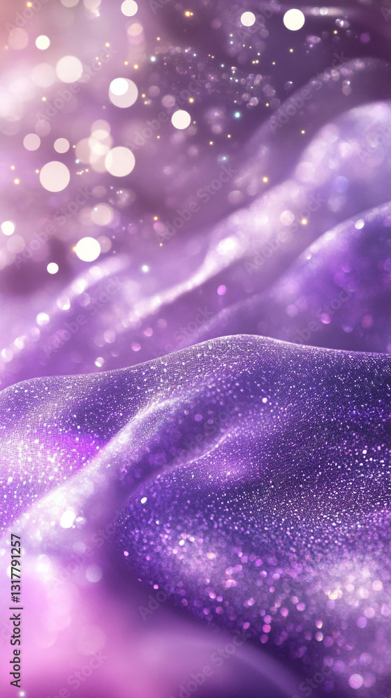 Poster purple glitter fabric texture with bokeh effect, creating a luxurious and festive mood, ideal for ce
