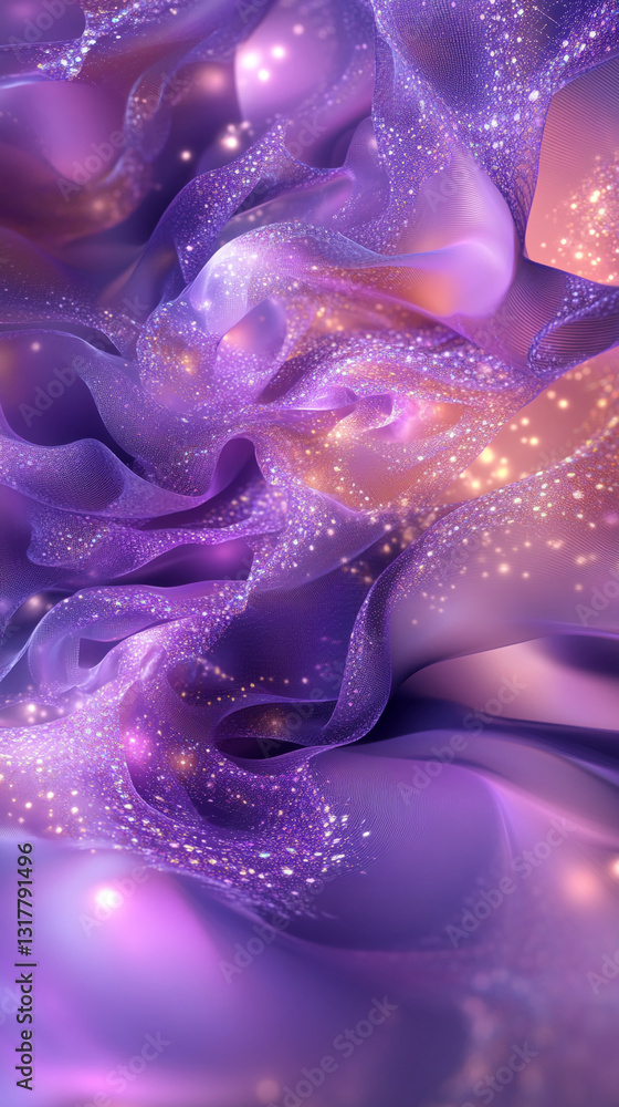 Poster abstract image of purple and pink glittering fabric, flowing in soft waves, showcasing a luxurious a