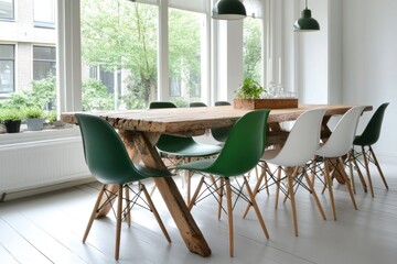 Fototapeta premium Rustic wood dining table with green and white chairs in bright room.