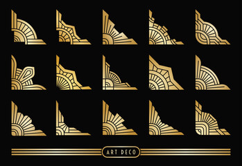 Golden Art Deco style corner collection. Geometric decorations on the black background. Gold colored elements. EPS 10 design vector illustration.