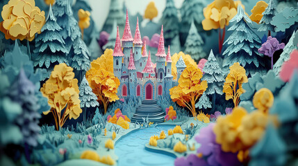 A whimsical paper cut illustration of a fairytale castle nestled in a layered forest. For Storybook-themed marketing campaigns.