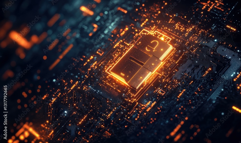 Poster digital security concept with glowing padlock and circuit board