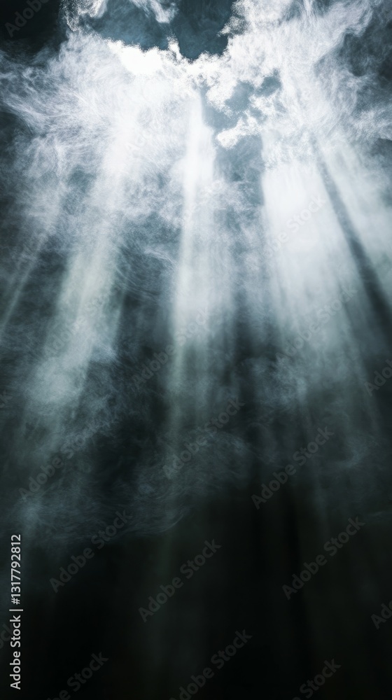 Poster pulsing beams of light breaking through swirling mist, sharp contrasts between brightness and shadow