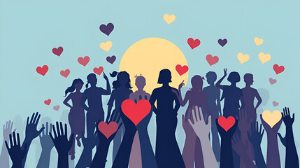 Charity graphic concept with abstract silhouettes, diverse people, hands and hearts. Illustrating solidarity, compassion and readiness to help.