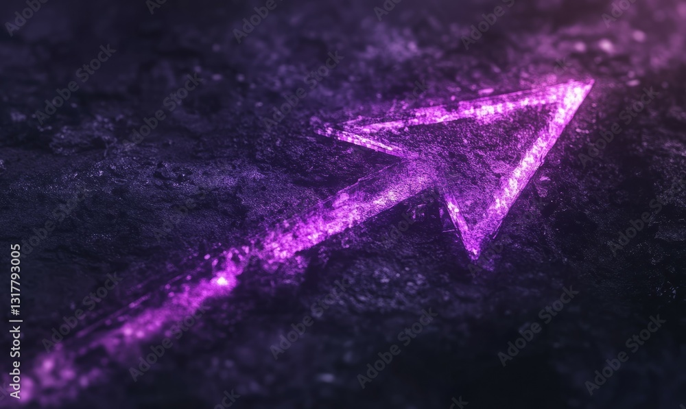 Poster purple arrow pointing to the right. the arrow is lit up and glowing. the image has a moody and myste