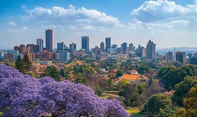 Fototapeta premium Purple blue Jacaranda mimosifolia bloom in Johannesburg and Pretoria street during spring in October in South Africa