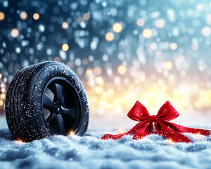 Black winter tire on snow with red bow, snowy background, bokeh lights, symbolizing winter holiday...