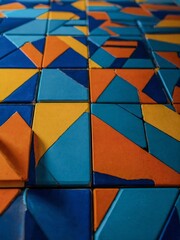 Abstract geometric art panels in blue, orange, and yellow for home decor.