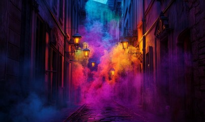 Naklejka premium Mysterious alleyway with colorful smoke and glowing street lamps