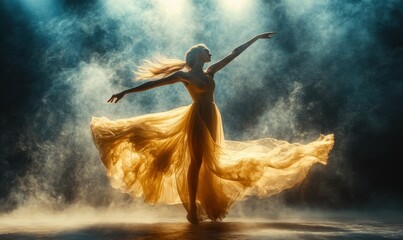 Dynamic dance performance in a dramatic spotlight, fluid motion and graceful form captured in vivid detail, electrifying energy,