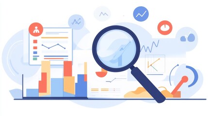  data visualizations with graphs and charts, magnifying glasses highlighting market research, digital marketing icons, and business growth concept in a light blue background.