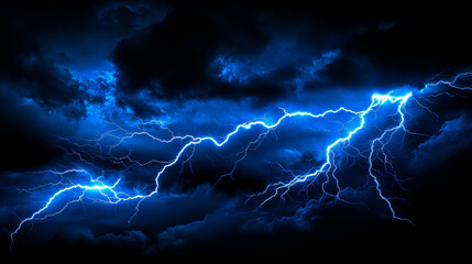 Electric blue lightning bolts striking through dark storm clouds at night, showcasing intense energy, power, and atmospheric turbulence