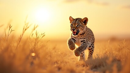 playful leopard in sunny landscape