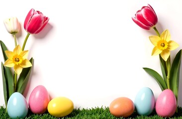 Festive paper frame flowers composirion with pastel tulis, narcissus flowers, eggs on minimal white backround, place for text. spring, womens day, Easter concept