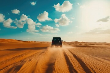 A powerful off-road SUV navigating through vast golden desert dunes under a clear blue sky with fluffy clouds showcasing adventure exploration and the raw beauty of the arid wilderness