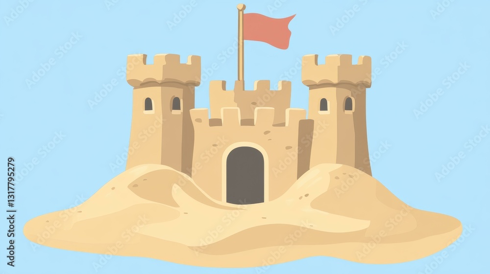 Poster a simple sandcastle with a flag, showcasing a minimal design and clean lines, perfect for a beachthe