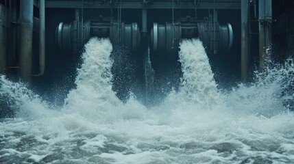 Water flowing forcefully from industrial pipes into a turbulent river, showcasing environmental impact