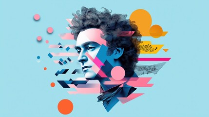 Stylized portrait of a classical composer with geometric shapes and vibrant colors against a soft blue background