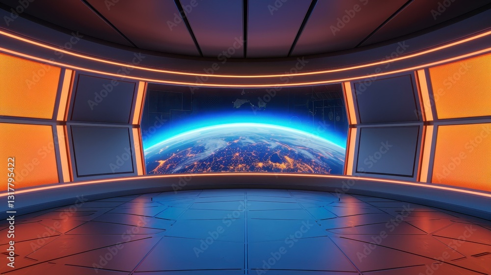 Poster explore cuttingedge tech with screens displaying a hologram of earth and realtime data for global su