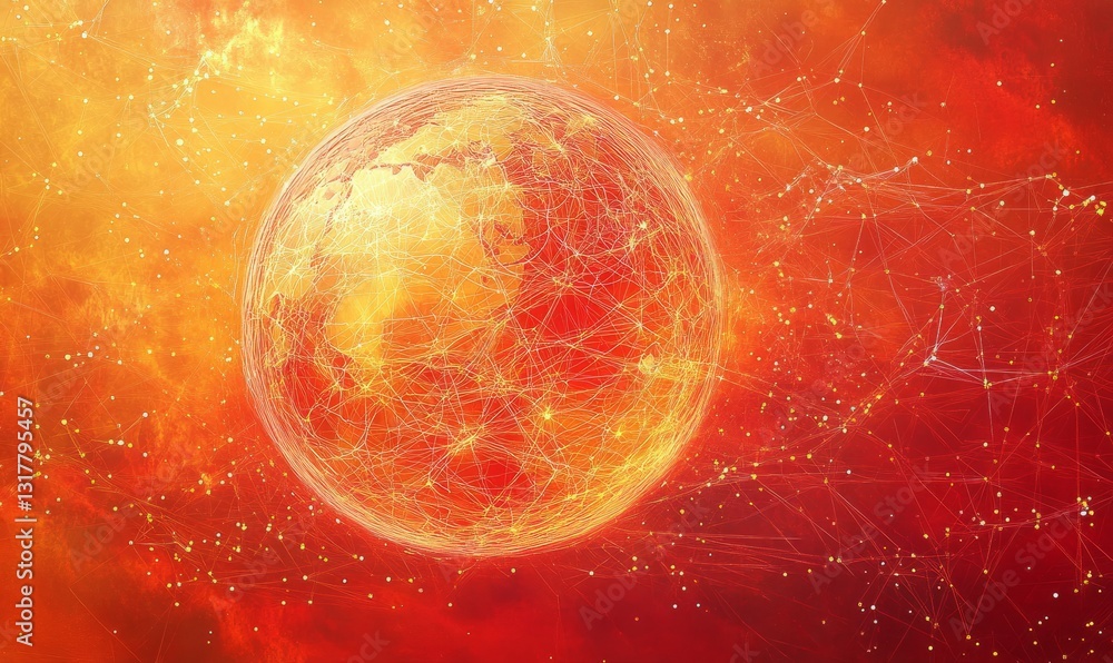 Poster red and orange globe with a network of lines connecting it. the globe is surrounded by a red and ora