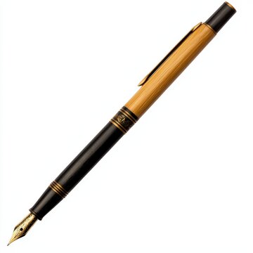 the Montblanc M600 Fountain Pen, a black and gold pen with a gold nib, against a white background. , Generative art.