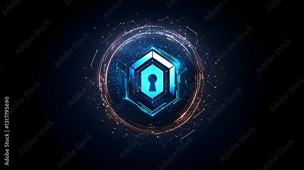 Poster glowing hexagon with keyhole symbol in a sphere of light particles on dark background digital securi