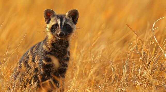A striking image of a banded linsang, its dark fur patterned against the warm golden hues of the tall grass.  The animal's intense gaze adds to the captivating scene.