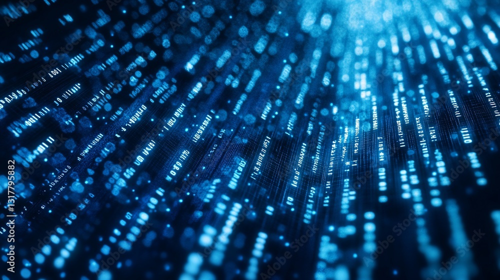 Poster abstract digital data stream visualization: blue binary code flowing in cyberspace