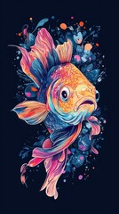 Fototapeta premium Vibrant illustration of a goldfish swimming amidst colorful floral elements. The artwork showcases a playful yet sophisticated style, with bold colors and intricate details.