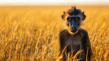 Fototapeta premium A young mandrill sits in tall grass at sunset. The warm light illuminates its fur, creating a striking contrast against the golden backdrop.