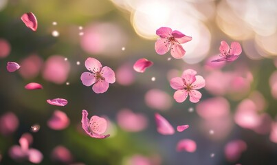 Fototapeta premium Pink flower petals floating in the air with soft bokeh background during springtime