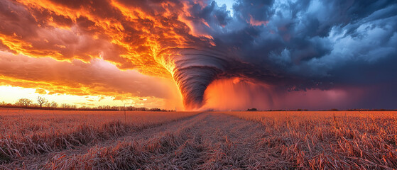 Wide-angle image of a large tornado at dusk. The funnel glows under the setting sun, with dark swirling clouds in a twilight sky.