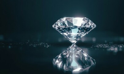 Sparkling diamond reflecting on a dark, glossy surface, glowing brilliantly.