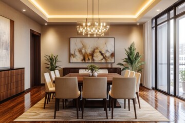 Fototapeta premium Elegant Dining Room with Modern Art and Luxurious Lighting