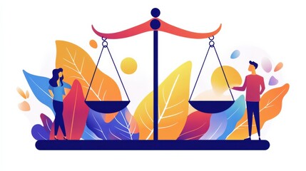 Two individuals balancing scales in a vibrant, colorful environment with abstract leaves