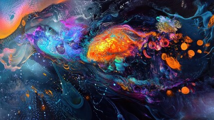 A vibrant abstract painting with swirling patterns and a mix of warm and cool colors.