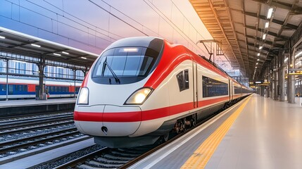 Fototapeta premium Modern High-Speed Train at Station Sunset - Transportation & trave.