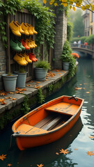 Obraz premium A charming scene of a weathered orange boat floating in a tranquil canal, surrounded by rustic wooden planks, hanging clogs, and lush greenery, evoking a whimsical, serene atmosphere.