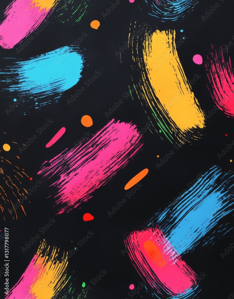 Poster black background with vibrant colorful brush strokes, curved lines, simple shapes, and playful patte