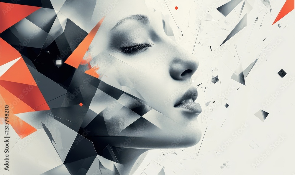 Poster the abstract face merging with geometric shapes in digital communication
