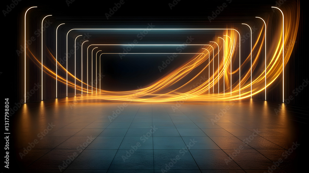 Poster illuminated orange light trails flowing through modern tunnel architecture with geometric lines and 