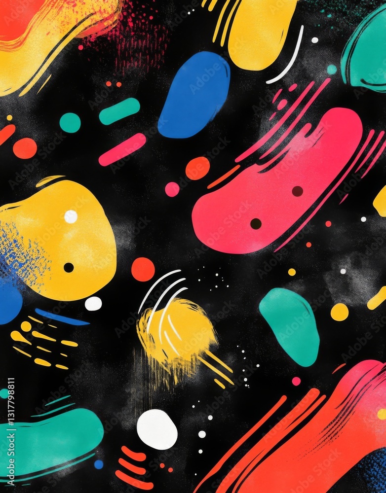 Poster black background with vibrant colorful brush strokes, curved lines, simple shapes, and playful patte